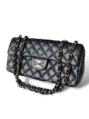 Chanel East West Classic Shoulder Flap Bag Quilted Black Perforated Leather